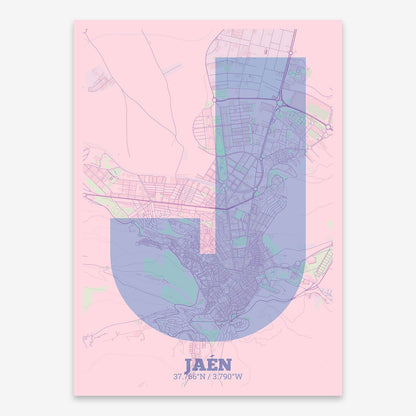 The map of Jaen composed with letters in a heavy geometric font printed on pink and light blue