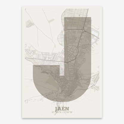 The map of Jaen composed with letters in a heavy geometric font printed on light brown and an off-white background