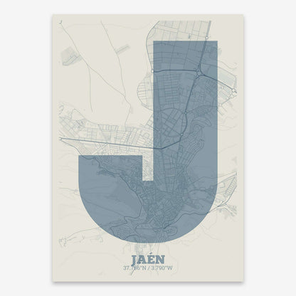 The map of Jaen composed with letters in a heavy geometric font printed on bluish gray and an off-white background
