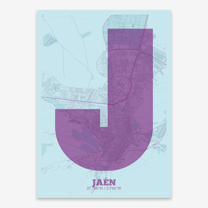 The map of Jaen composed with letters in a heavy geometric font printed on purple and light blue