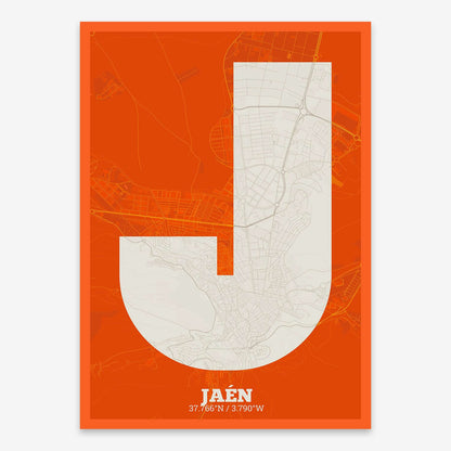 The map of Jaen composed with letters in a heavy geometric font printed on orange and an off-white background