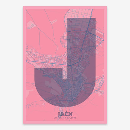 The map of Jaen composed with letters in a heavy geometric font printed on violet y pink background