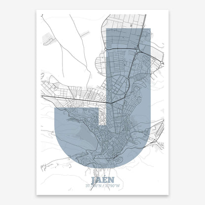 The map of Jaen composed with letters in a heavy geometric font printed on black and white