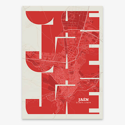 Poster of Jaen composed with letters from its abbreviation or its airport IATA code printed on red and an off-white background