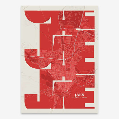 The map of Jaen composed with letters from its name or IATA code printed on red and an off-white background