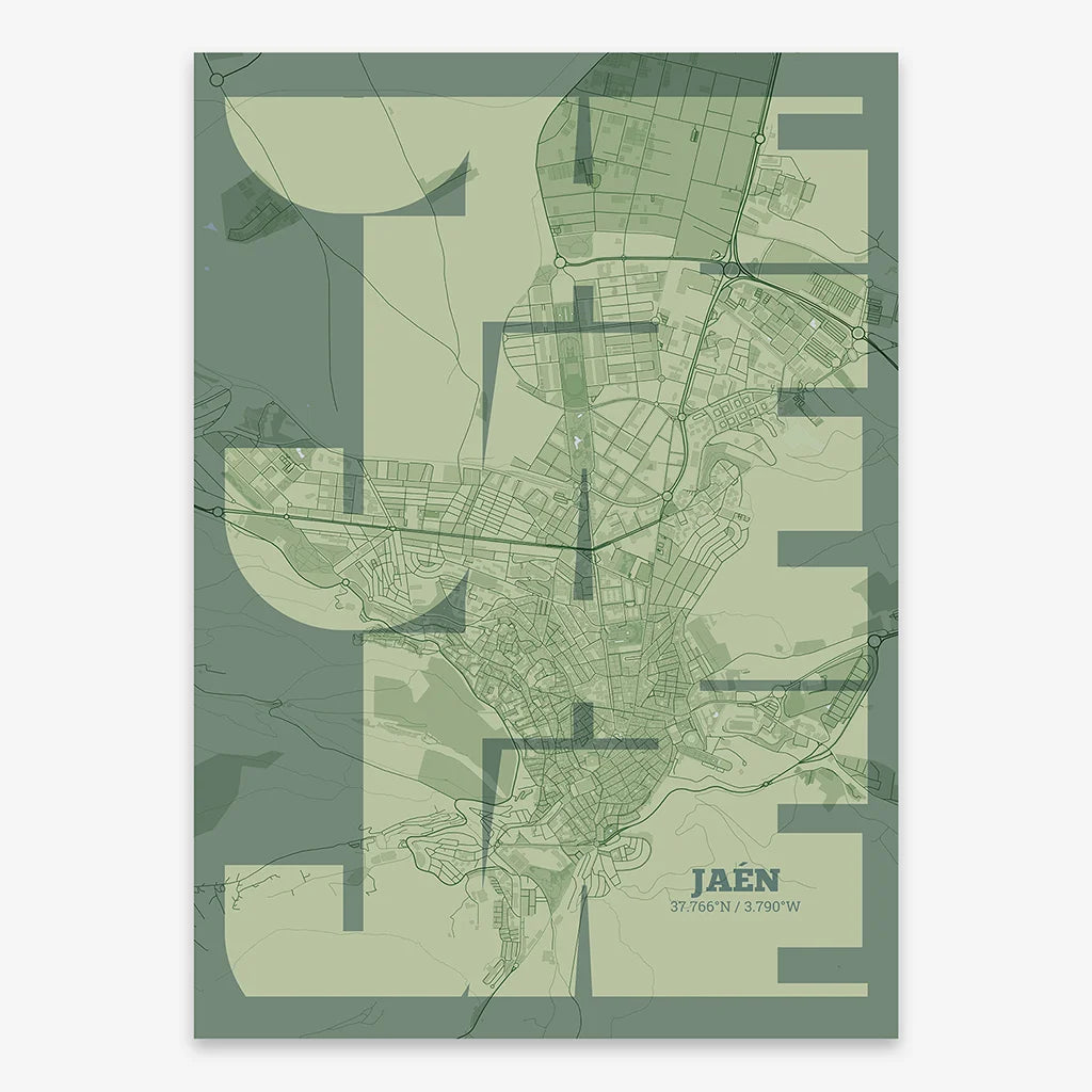 Poster of Jaen composed with letters from its abbreviation or its airport IATA code printed on two green tones