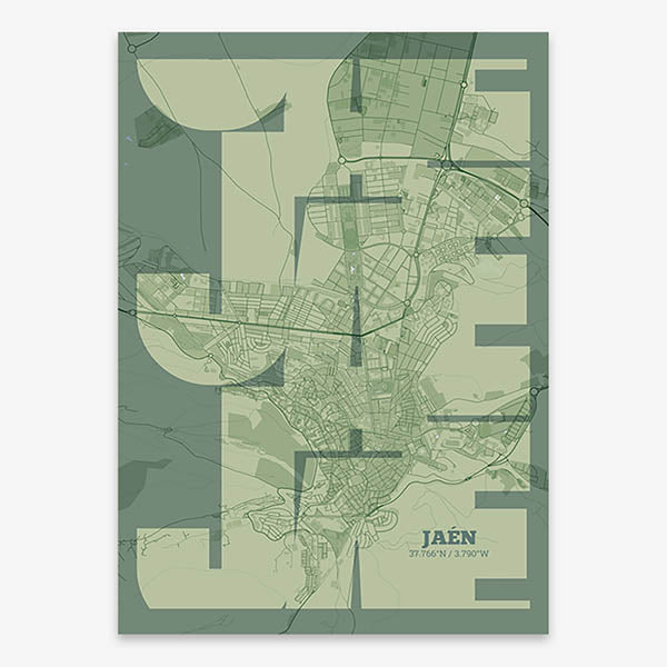 Poster of Jaen composed with letters from its abbreviation or its airport IATA code printed on two green tones