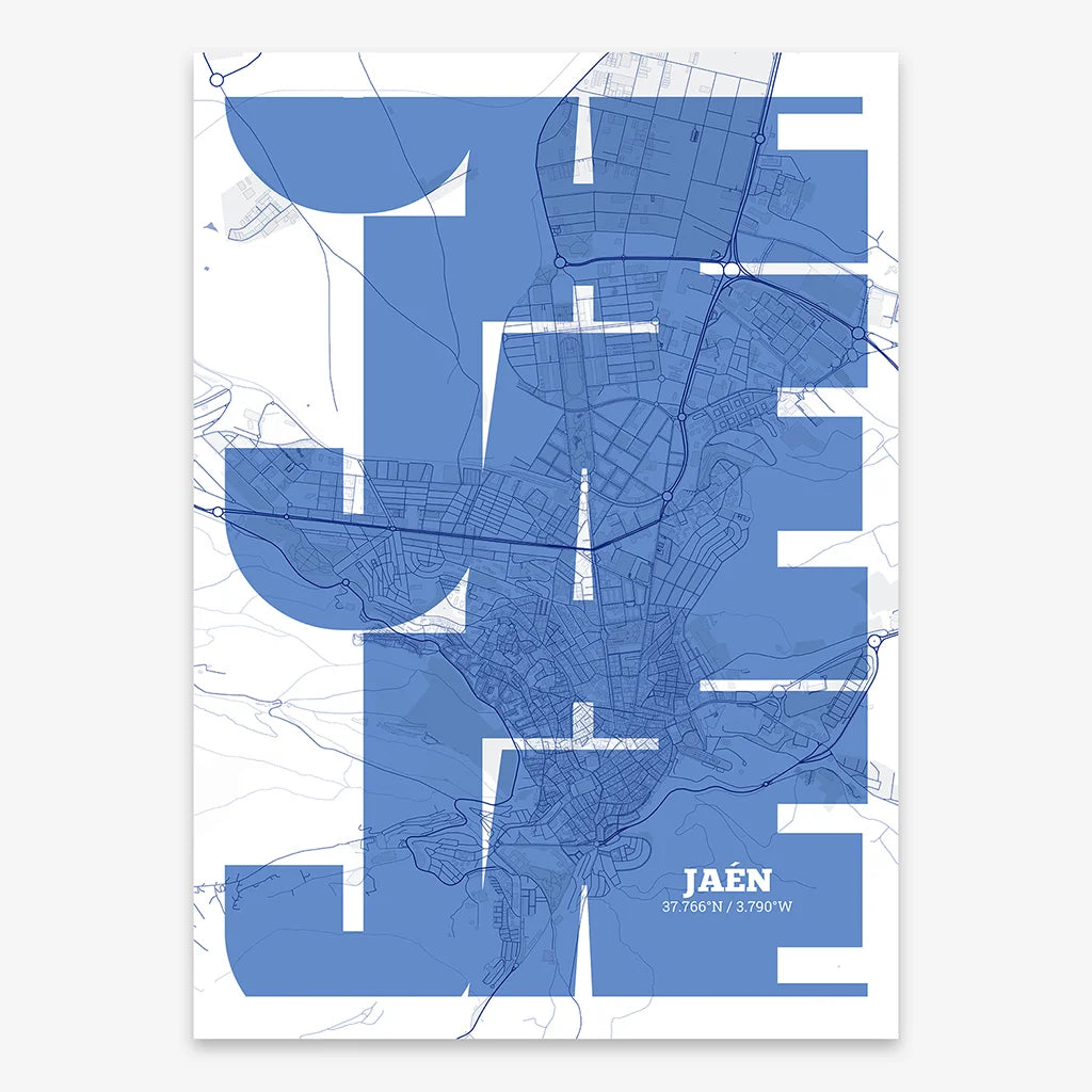 Poster of Jaen composed with letters from its abbreviation or its airport IATA code printed on navy blue and white