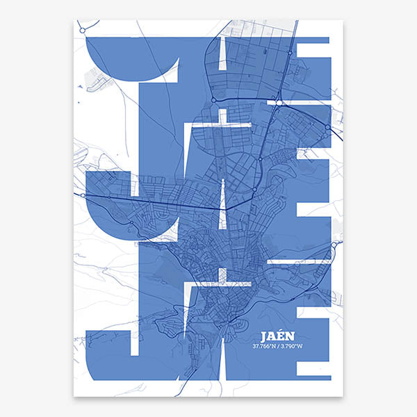 Poster of Jaen composed with letters from its abbreviation or its airport IATA code printed on navy blue and white