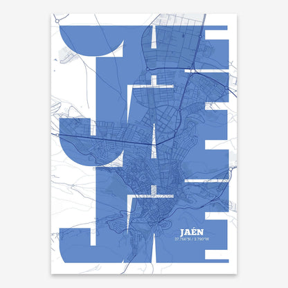 The map of Jaen composed with letters from its name or IATA code printed on navy blue and white