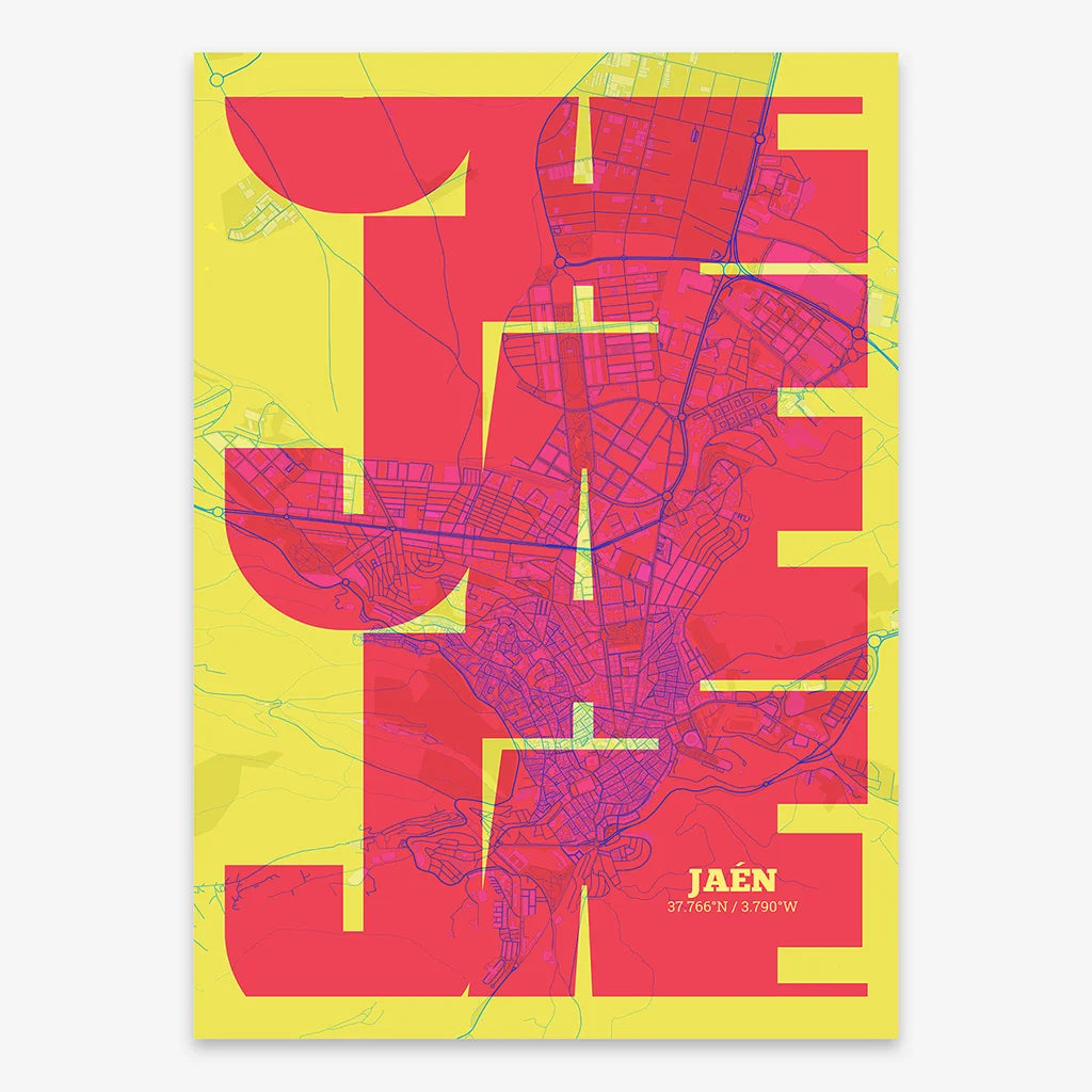Poster of Jaen composed with letters from its abbreviation or its airport IATA code printed on yellow and fuchsia
