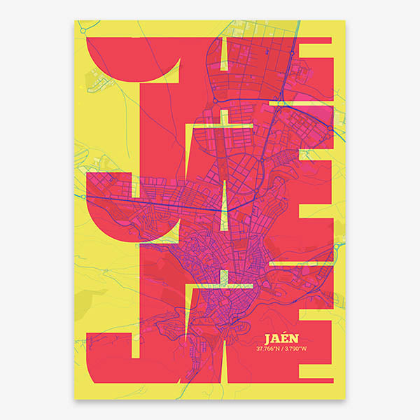 Poster of Jaen composed with letters from its abbreviation or its airport IATA code printed on yellow and fuchsia