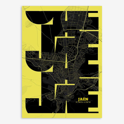 The map of Jaen composed with letters from its name or IATA code printed on black and yellow