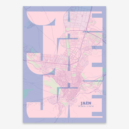 The map of Jaen composed with letters from its name or IATA code printed on pink and light blue