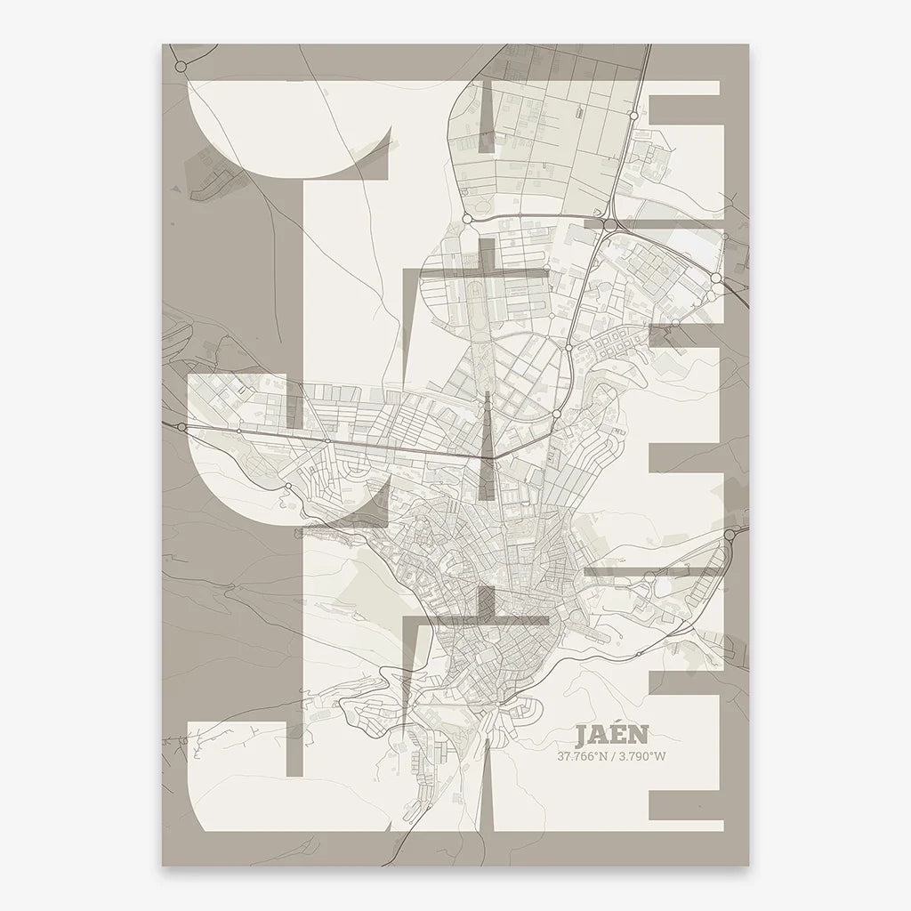 Poster of Jaen composed with letters from its abbreviation or its airport IATA code printed on light brown and an off-white background