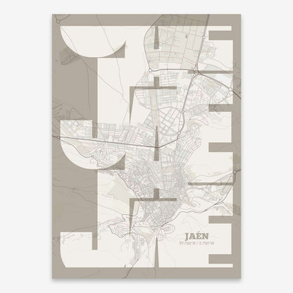 The map of Jaen composed with letters from its name or IATA code printed on light brown and an off-white background