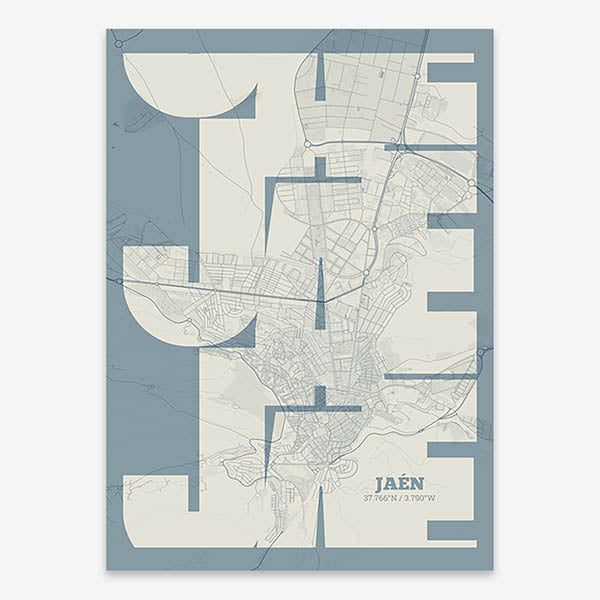 Poster of Jaen composed with letters from its abbreviation or its airport IATA code printed on bluish gray and an off-white background