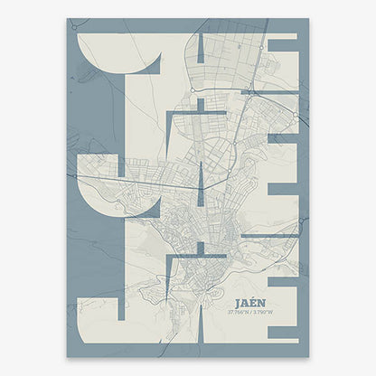 Poster of Jaen composed with letters from its abbreviation or its airport IATA code printed on bluish gray and an off-white background