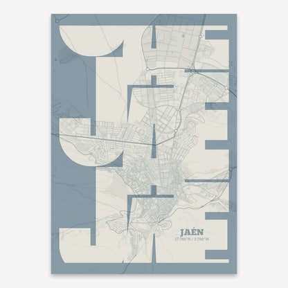 The map of Jaen composed with letters from its name or IATA code printed on bluish gray and an off-white background