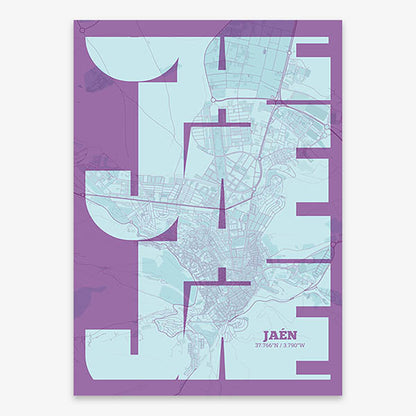 Poster of Jaen composed with letters from its abbreviation or its airport IATA code printed on purple and light blue