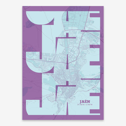 The map of Jaen composed with letters from its name or IATA code printed on purple and light blue