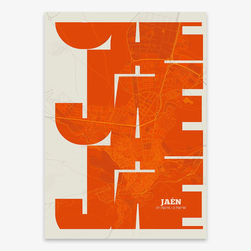 Poster of Jaen composed with letters from its abbreviation or its airport IATA code printed on orange and an off-white background