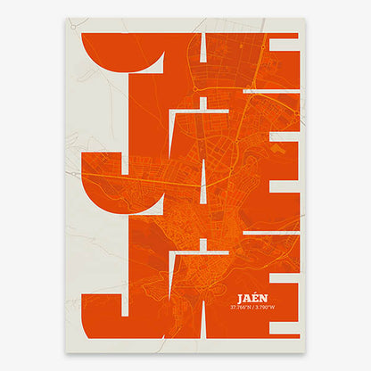 Poster of Jaen composed with letters from its abbreviation or its airport IATA code printed on orange and an off-white background