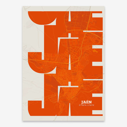 The map of Jaen composed with letters from its name or IATA code printed on orange and an off-white background