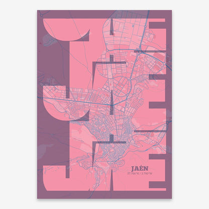 The map of Jaen composed with letters from its name or IATA code printed on violet y pink background