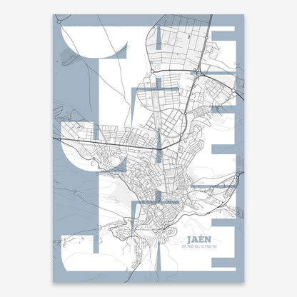 The map of Jaen composed with letters from its name or IATA code printed on black and white