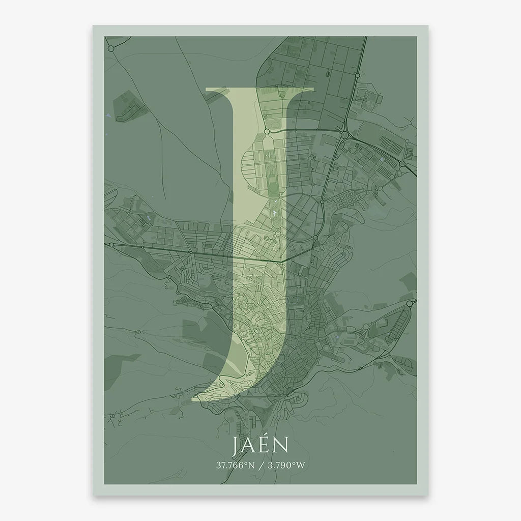 Decorative map of Jaen composed with letters in serif font printed on two green tones
