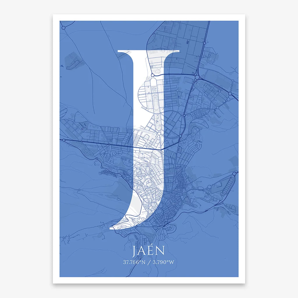 Decorative map of Jaen composed with letters in serif font printed on navy blue and white