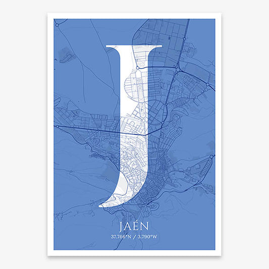 Decorative map of Jaen composed with letters in serif font printed on navy blue and white