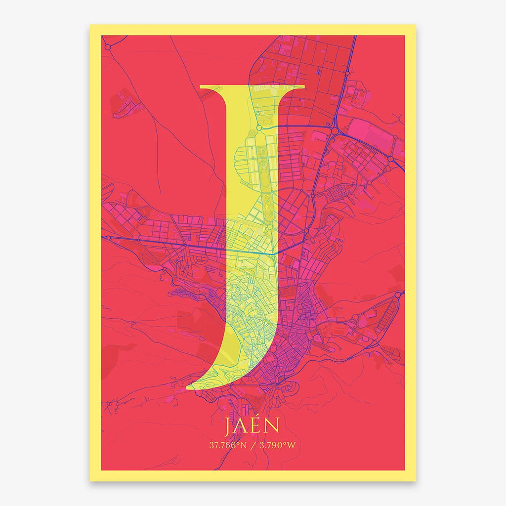 Decorative map of Jaen composed with letters in serif font printed on yellow and fuchsia