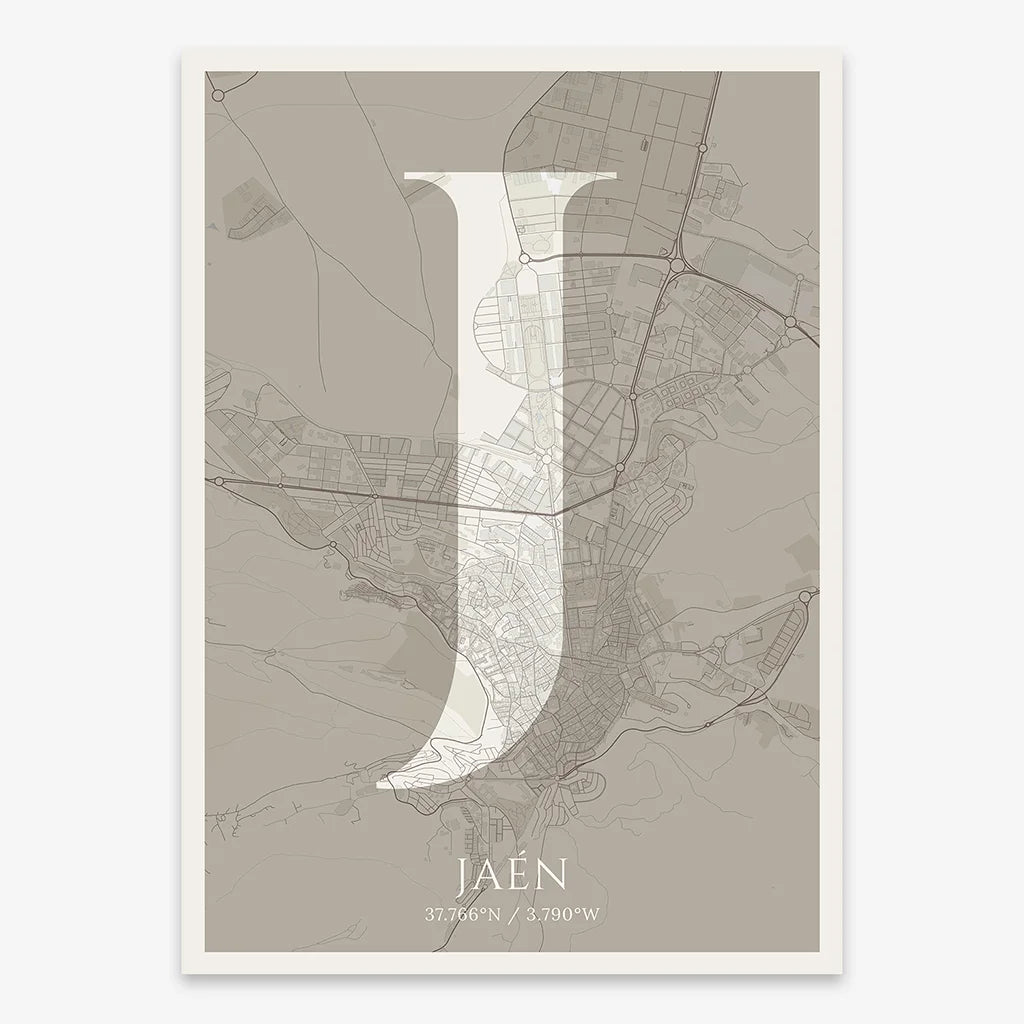 Decorative map of Jaen composed with letters in serif font printed on light brown and an off-white background