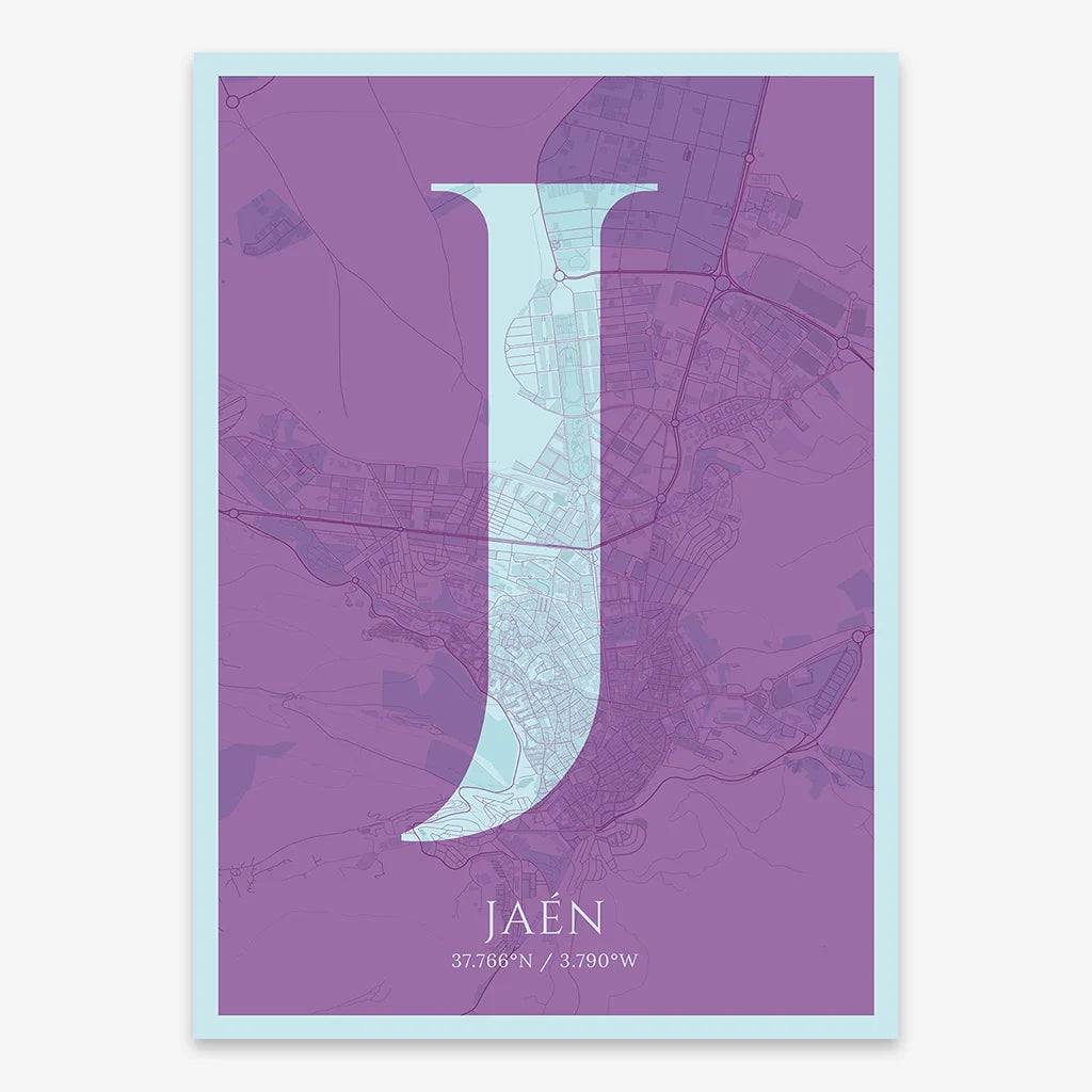 Decorative map of Jaen composed with letters in serif font printed on purple and light blue
