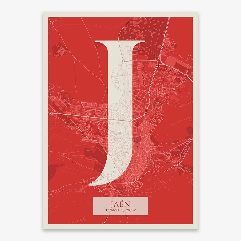 Decorative map of Jaen composed with letters in serif font printed on red and an off-white background