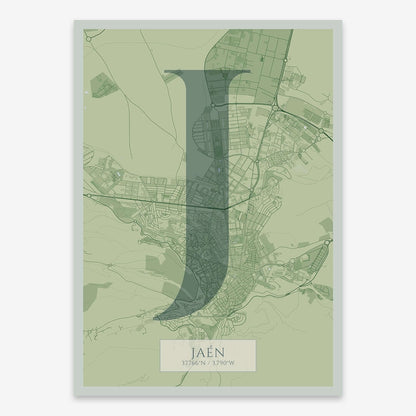 The map of Jaen composed with letters in serif font printed on two green tones