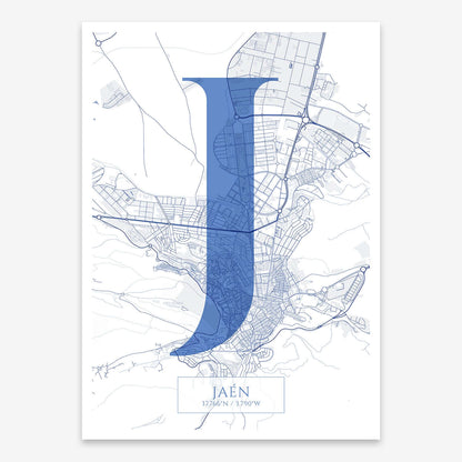 The map of Jaen composed with letters in serif font printed on navy blue and white