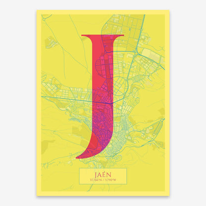 The map of Jaen composed with letters in serif font printed on yellow and fuchsia