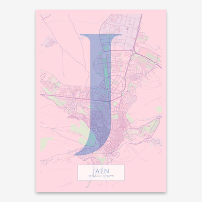The map of Jaen composed with letters in serif font printed on pink and light blue
