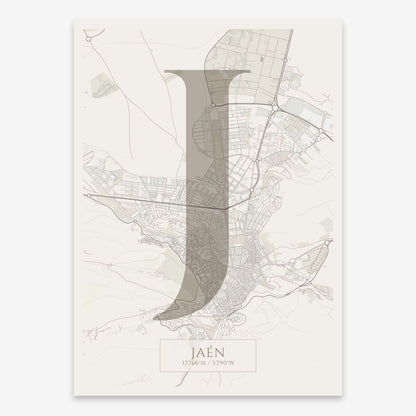 The map of Jaen composed with letters in serif font printed on light brown and an off-white background