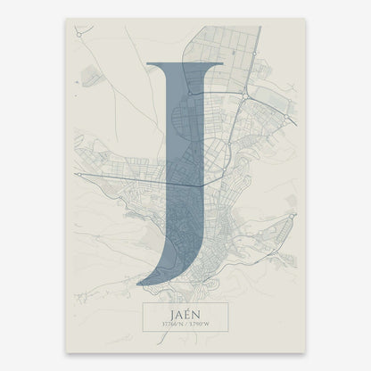 The map of Jaen composed with letters in serif font printed on bluish gray and an off-white background