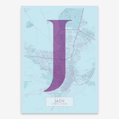 The map of Jaen composed with letters in serif font printed on purple and light blue