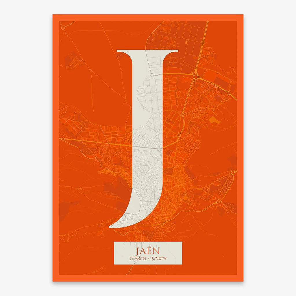 Decorative map of Jaen composed with letters in serif font printed on orange and an off-white background