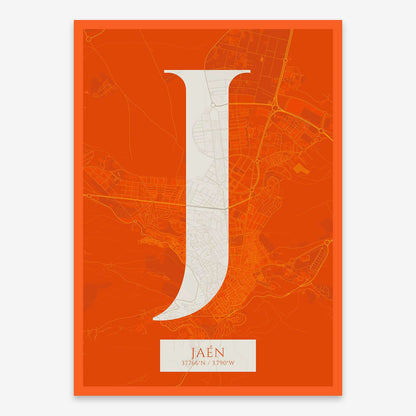 The map of Jaen composed with letters in serif font printed on orange and an off-white background