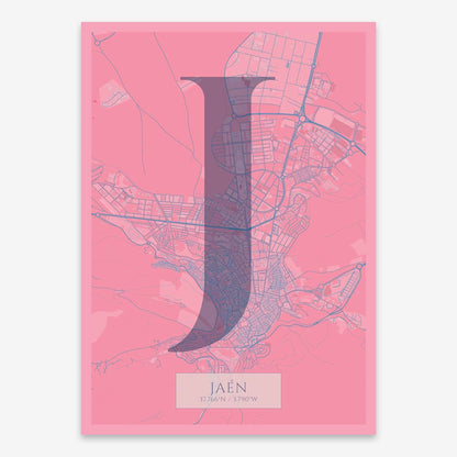 The map of Jaen composed with letters in serif font printed on violet y pink background