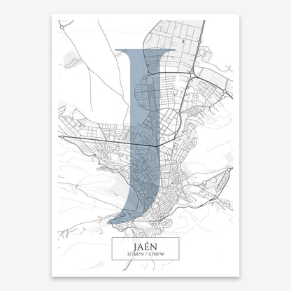 The map of Jaen composed with letters in serif font printed on black and white