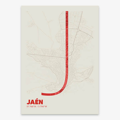 Poster of Jaen composed with letters in extra light font printed on red and an off-white background