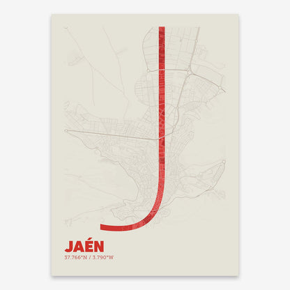The map of Jaen composed with letters in extra light font printed on red and an off-white background